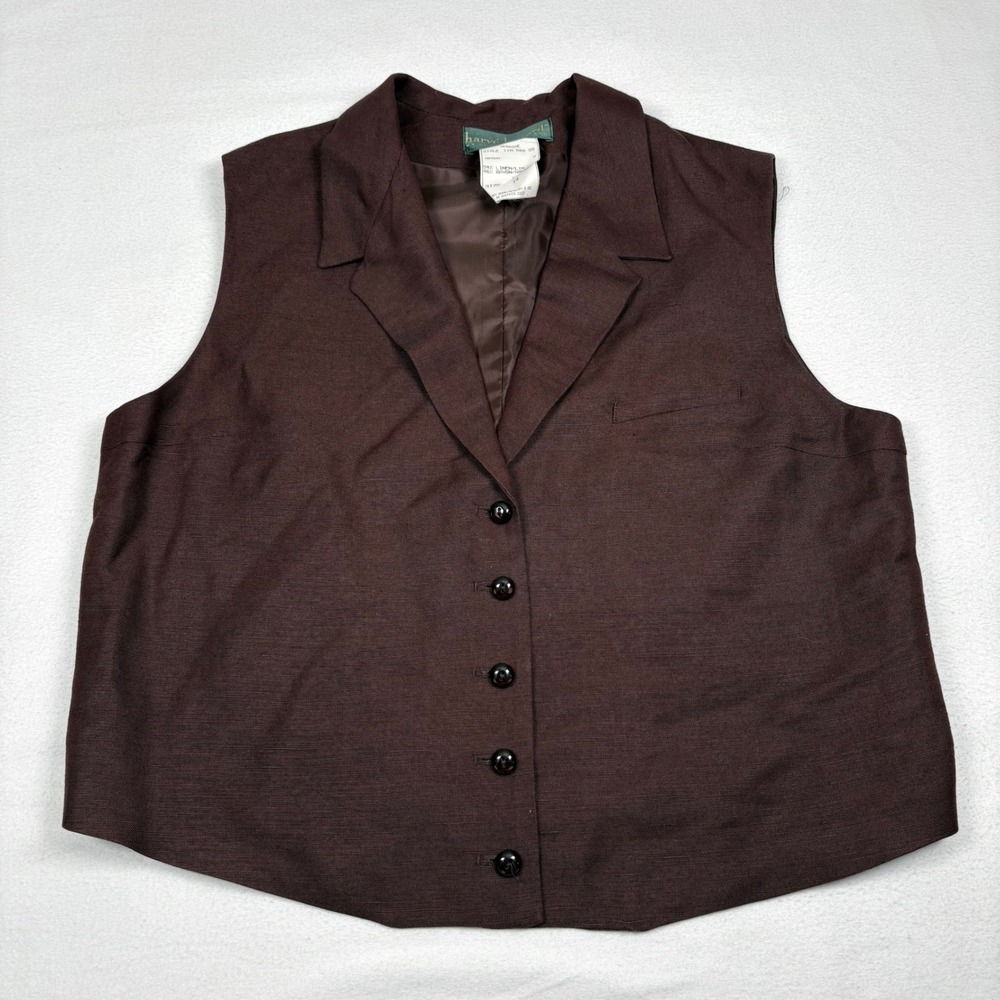 Harvé Benard Womens Vest Brown Sleeveless Button Front Linen Blend Size 14